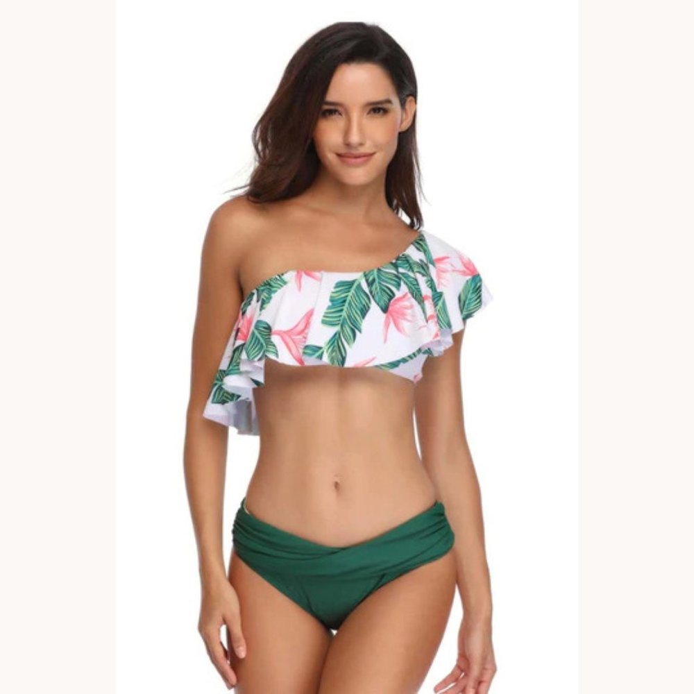 WHITE & GREEN LEAF PRINT ONE SHOULDER RUFFLED TWO PIECE SWIMSUIT